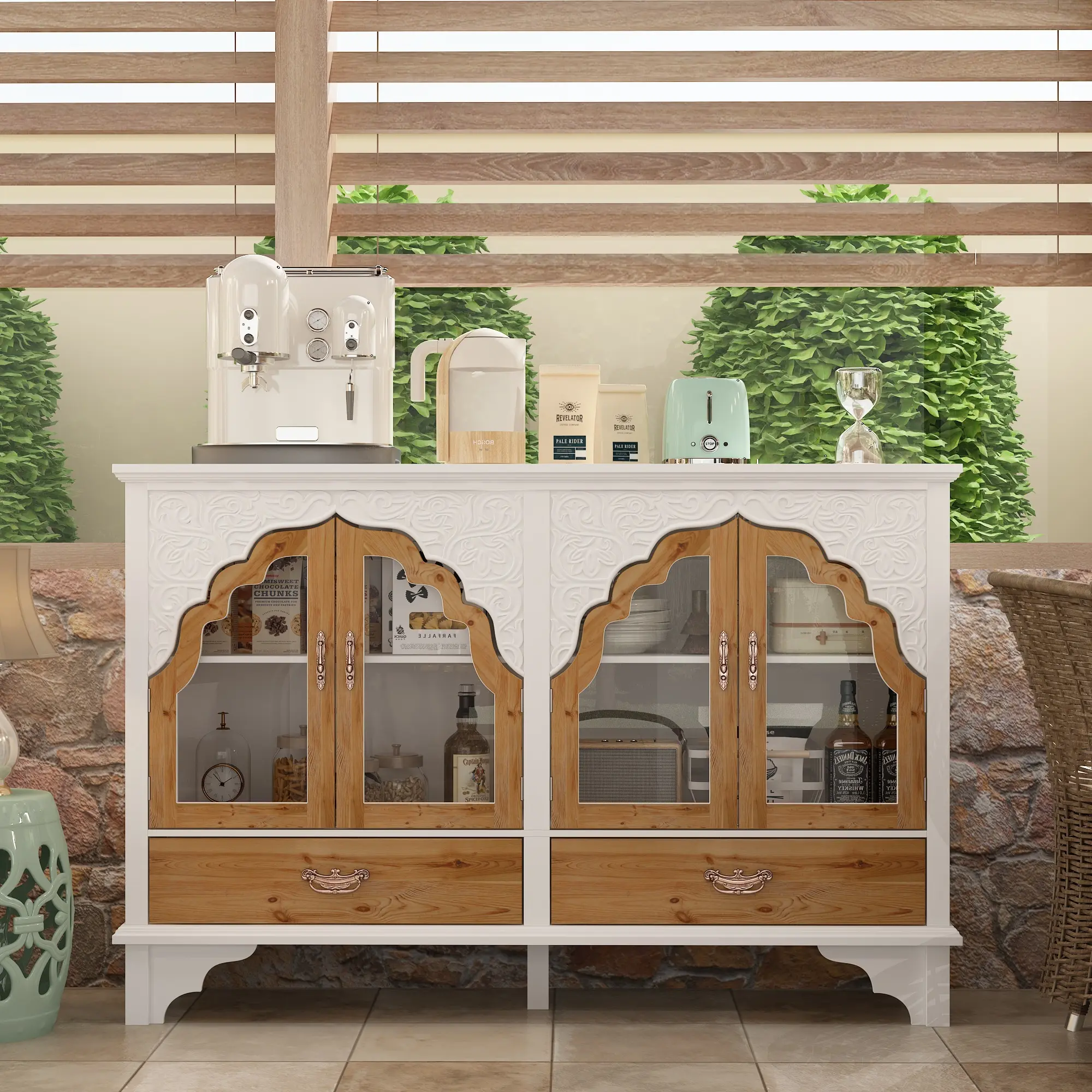 FUFU&GAGA Modern Accent Cabinet - Multifunctional Storage Cabinet Bookshelf with Carved Doors, 4 Compartments & Adjustable Shelves