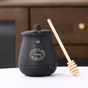 Ceramic Honey Jar With Wooden Honey Dipper Black Honey Dispenser with Stand Great Bee Decor for Farmhouse Kitchen Decoration