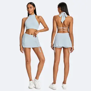 Women's Tennis Set with Built-In Bra Pad Short Top & Sports Skirt in Light Blue for Comfort and Style