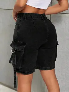 Women's Washed Denim Cargo Shorts - Y2K Functional Street Style - Comfortable Stretchy Fabric with Tummy Control - Casual Relaxed Shorts