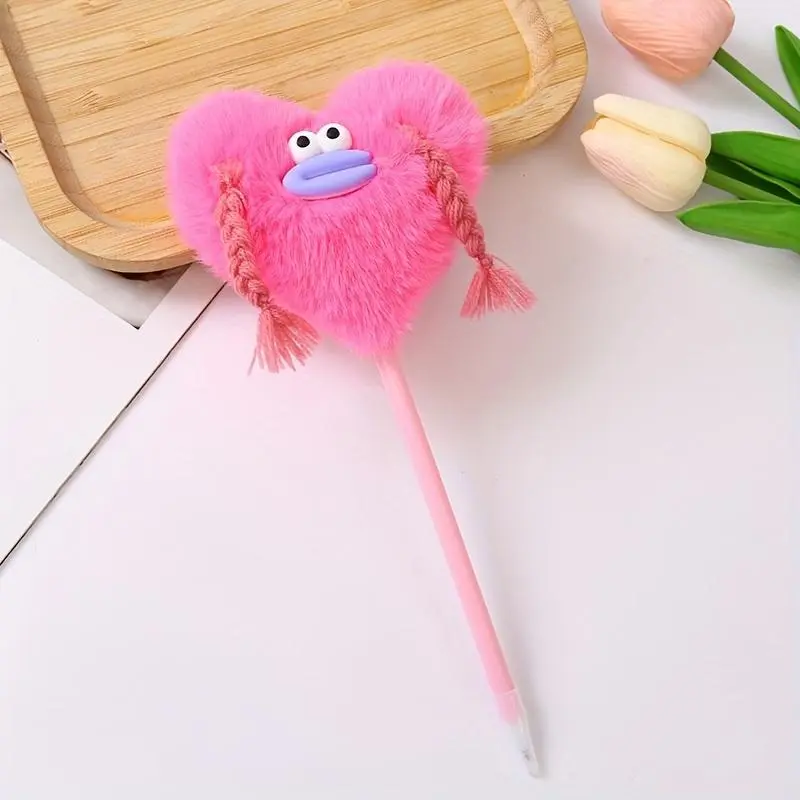 1Pc cute cartoon plush ball pen with braided hair and plush ball top, soft and fluffy eraser, essential stationery for students to go back to school, fun writing gift, student stationery, creative stationery