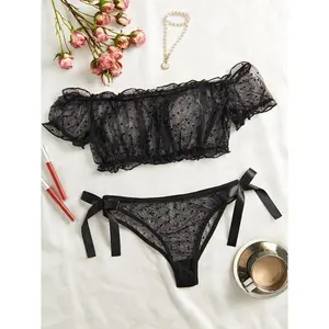 Women's Polka Dot Sheer Mesh Lingerie Set | Romantic Frill Trim Puff Sleeve Top & Panty, All-Season Comfort Sleepwear Loungewear