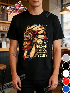 Men's & Suitable for Native American Indian Tribe T-Shirt - Heavyweight 220gsm 100% Cotton Crew Neck Casual Shirt with Native Blood Print & Tribal, Classic Fit for Powwows, Reservations, Casual Attire - Ideal Christmas Gift for Men & Women