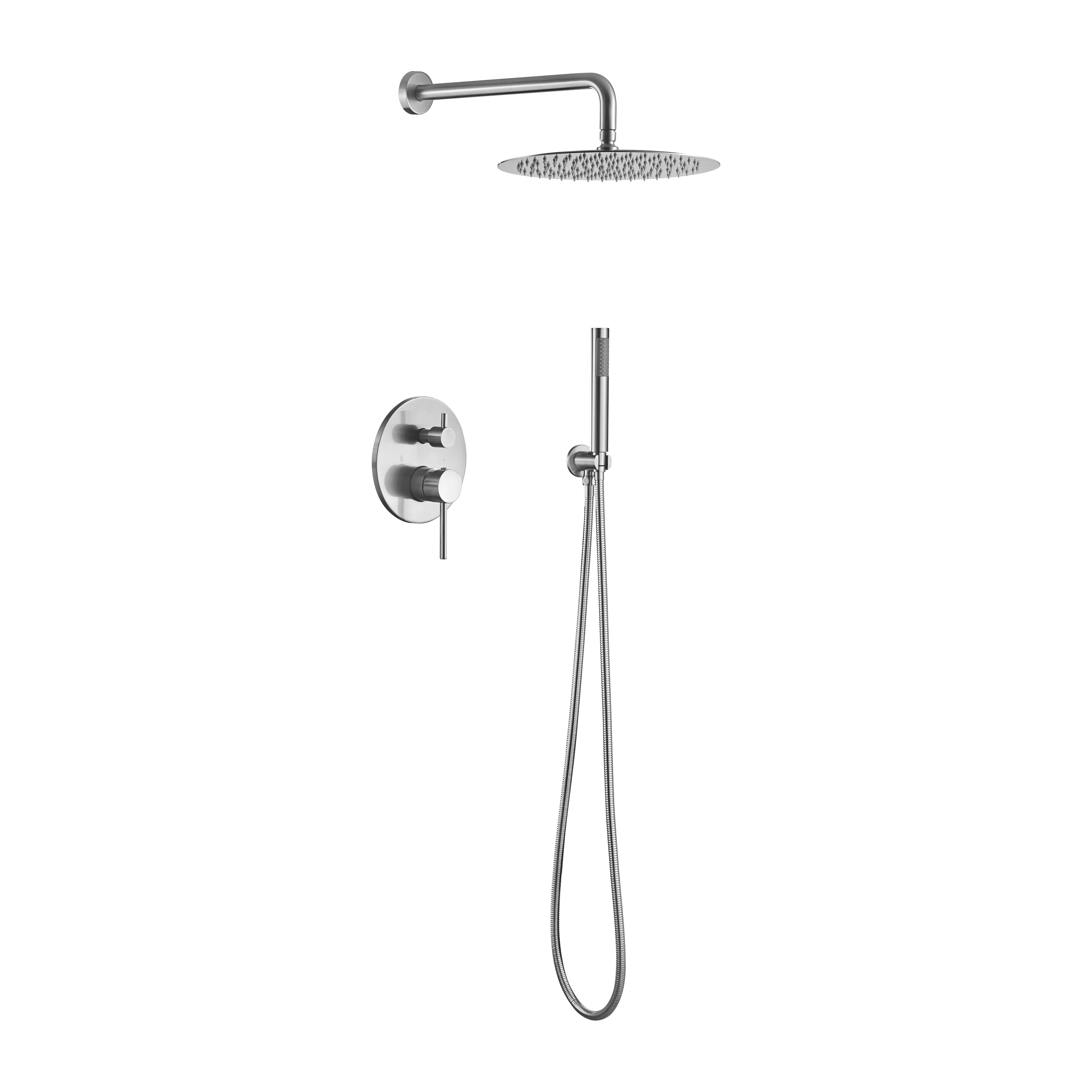 Wall-Mount Stainless Steel Indoor Bath Shower Faucet System - 10in Rain Shower Heads, High-Pressure Handheld Spray, 2-Way Pressure Balance Valve Kit, American Standard Pipe Connections, Self-Cleaner, Natural Water Contact Experience