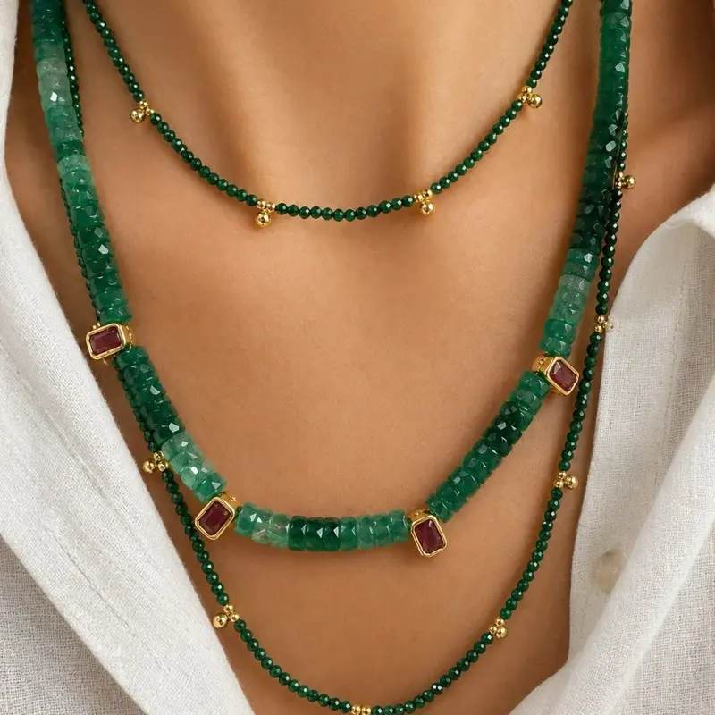 Greta Necklace - Elegant Green Beaded Layered Design with Gold Accents and Red Gemstones for Women