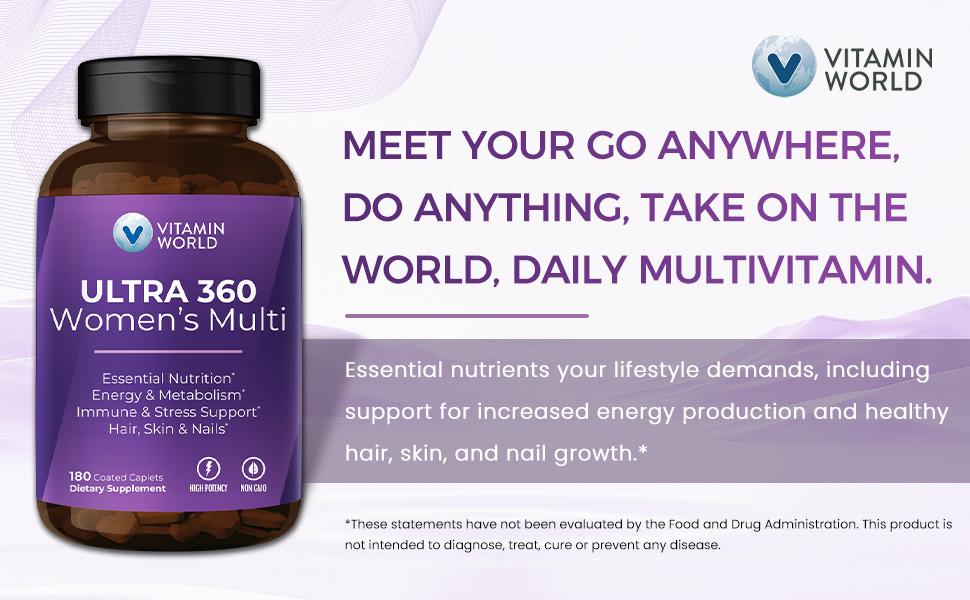 Vitamin World ULTRA 360 Women's Multivitamin - Non-GMO, Gluten Free, 0 Preservatives - Healthcare, Ashwagandha, Collagen Dietary Edible Supplement , Springtok Calcium, Fitness