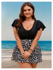 Plus Size Swimdress for Women  V Neck Surplice Swimsuit with Flutter Sleeves, Leopard Print Color Block Design, Modest Bathing Suit for Beach & Pool, Comfortable & Flattering Fit