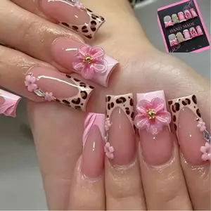Handmade Luxury Press on Nails - Unique 3D Pink French Duck Nails Short, Reusable Thick Acrylic Fake Nails with Bows, Flower & Cow Print Designs, Glossy Glue on Nails Kit