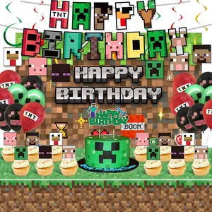 Birthday Party Decorations, Complete Party Supplies Set Including Balloons, Backdrop, Banner, Tablecloth, Hanging Swirls, Cake Cupcake Toppers for Pixel Theme Party