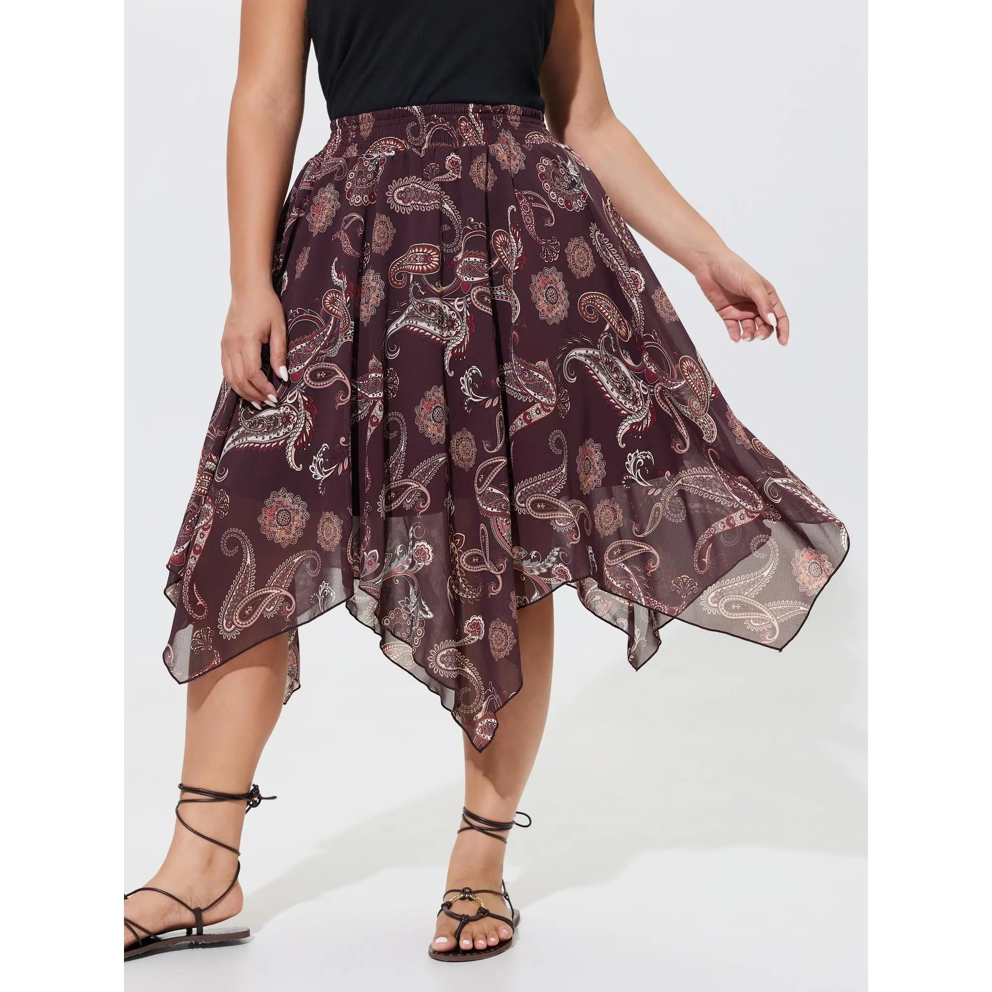 BLOOMCHIC Women's Plus Size Polyester Paisley Print Skirt - Shirred Waist, Asymmetrical Mesh, Midi Length, Pocketed Fabric Garment [M-6X] 2026 Summerfinds, Fit