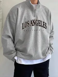 Men's Letter Print Drop Shoulder Half Zip Up Soft Thermal Lined Lounge Streetwear Sweatshirt, Regular Fit Casual Long Sleeve Funnel Neck Pullover for Spring & Fall, Fashion Men's Loungewear Tops for Daily Wear