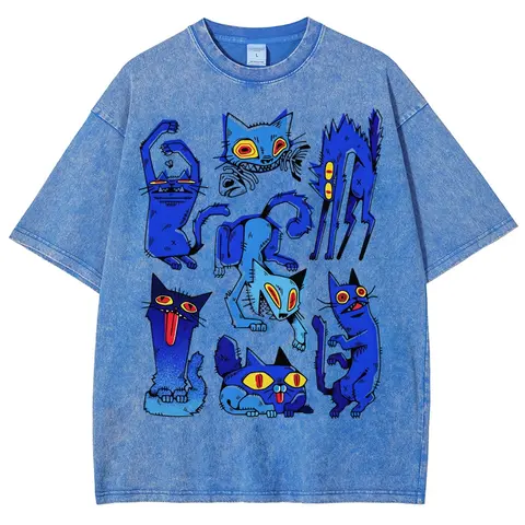 Men's Retro Grunge Art Blue Crazy Cats Cotton Round Neck Short-Sleeve Graphic Tee - Vintage Washed Unisex Oversize Fit Top, Edgy Gift for Alt Cat Lovers