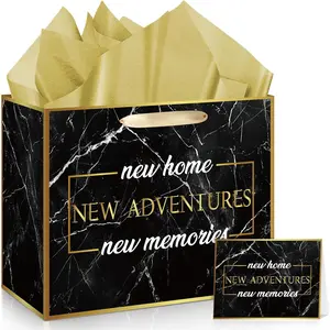Housewarming Gifts Bag with Tissue Paper Set Large Black    Wrapping  Bag and Greeting Card for   House Warming Gifts Wrap Bags  Adventure  Sweet Present for Men Women