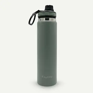 24oz Triple-Walled Stainless Steel Water Bottle Leak Proof, BPA-Free Thermos with Bonus Spout Lid Wide Mouth Flask for Travel, Hiking, Gym, Hot & Cold Use, Olive Green