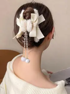 Elegant Tassel Pendant Bow Hair Claw, Sweet Plush Cozy Hair Clip, 1pc Fashion Accessory, Stylish and Cute Design, Perfect for Daily Use