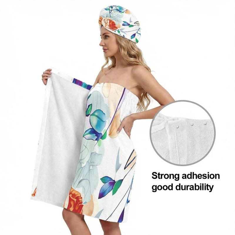 2pc Floral Pattern Women's Post-Bath Towel Dress and Head Wrap Set Sleeveless Towel Dress for Spa Gym Pool Relaxation Beach Vacation ShowerMicrofiber Bath Towel Body Wrap Set Gym Spa Robe Dry Hair Cap Beach Pool Shower Dress Towel Cover up