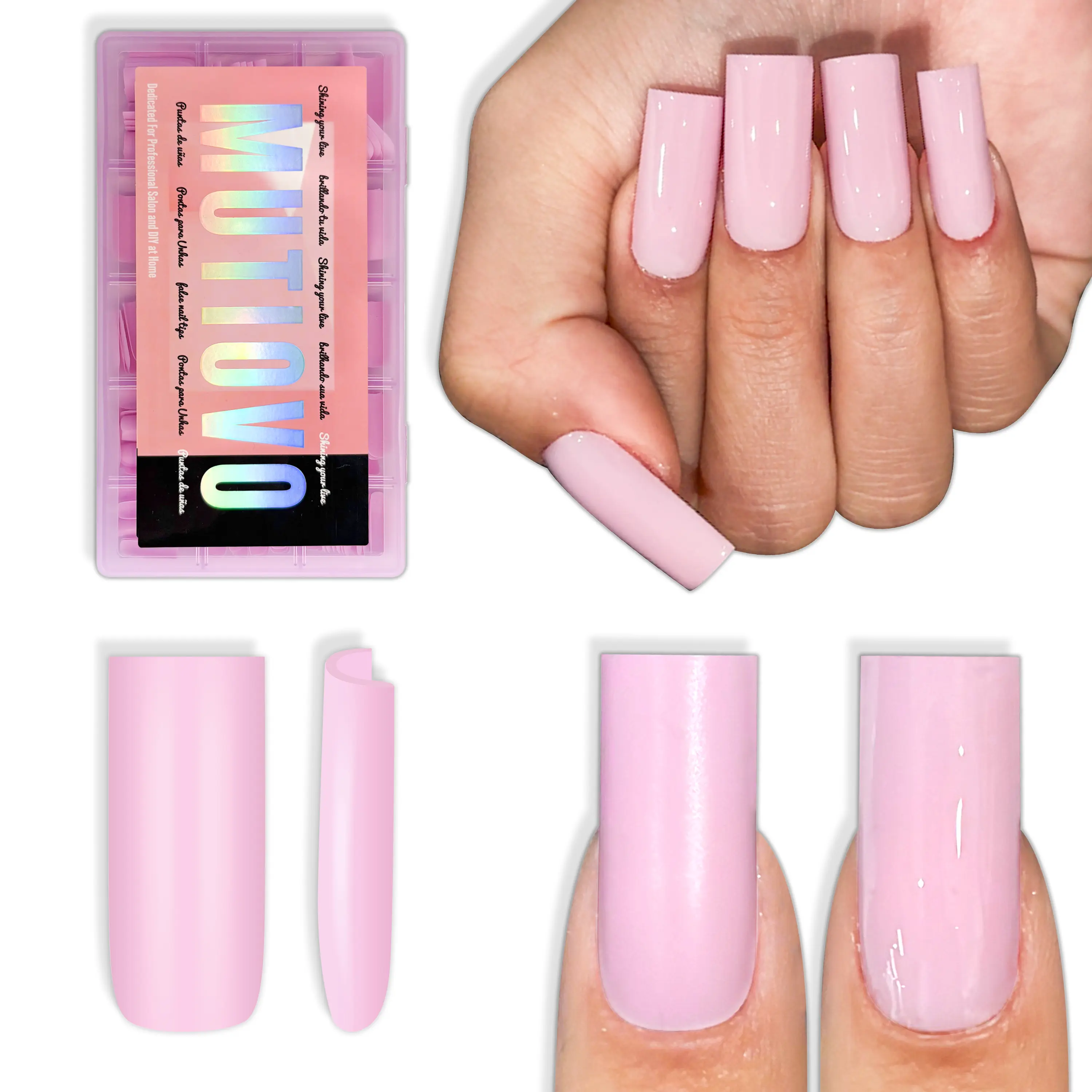 MUTIOVO Medium Square Nail Tips -180Pcs Solid Pure Color PINK Soft Gel Fake Nails, Straight Full Cover Press on Nails, Pre-buffed Matte White Artificial Nails for Professional Salon & Home DIY