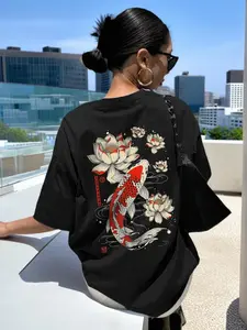 Vintage Japanese Koi Fish, Lotus Flower, Floral Graphic T-Shirt, Trending Y2K Streetwear Aesthetic, Oversized Soft Cotton Casual Tee for Women & Men, Oriental Art Print Top, Perfect for Daily Street Style & Trendy Outfits