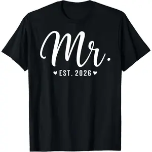 Mr Est. 2026 Just Married Couple Wedding Party Mr Mrs T-Shirt Pure Cotton Graphic Tees Menswear Top: Gifts for Men & Women