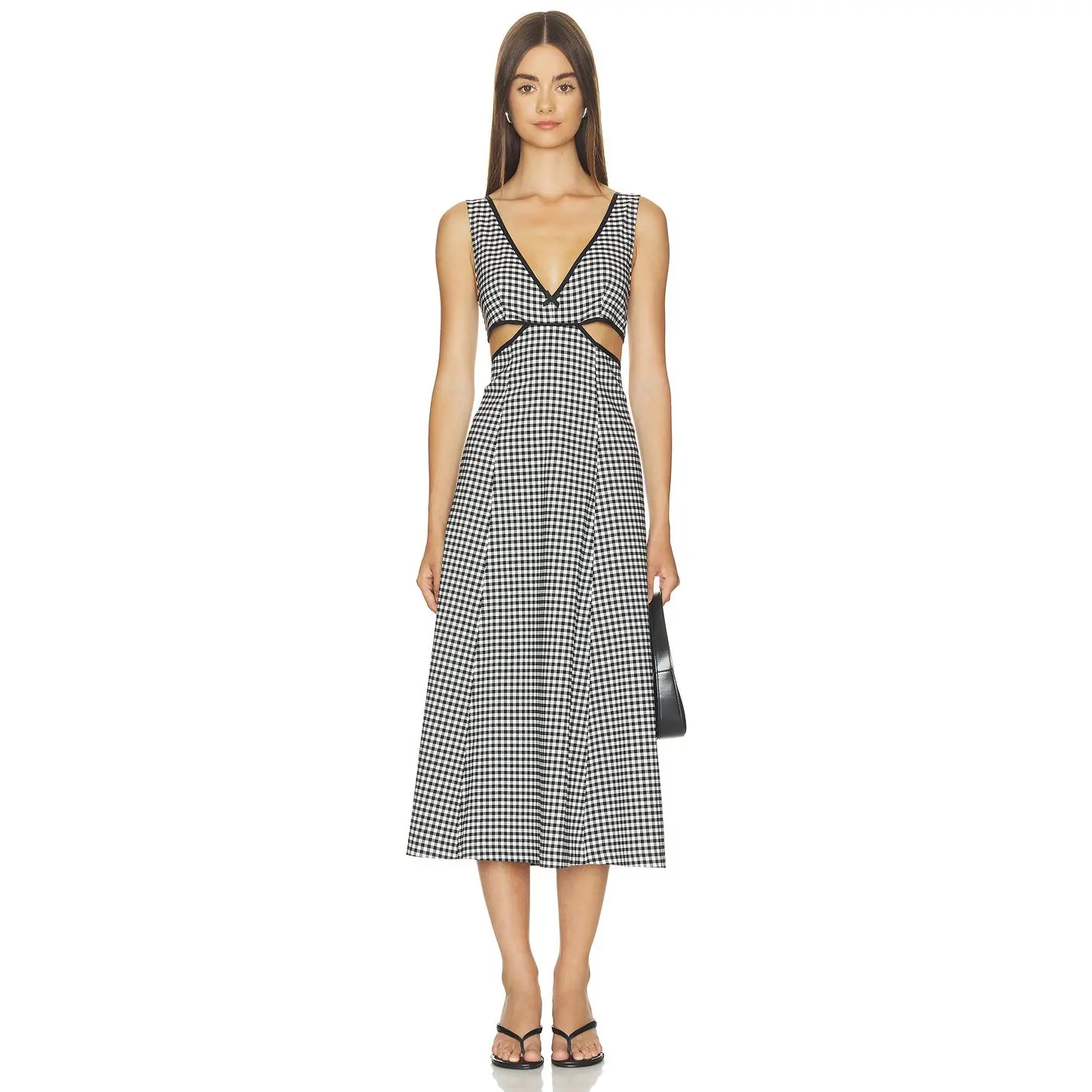 LPA Gigi Midi Dress in Black And Ivory Gingham