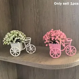 1pc Plastic Mini Bicycle Flower Basket Artificial Bonsai Desktop Decoration Ornament Simulated Green Plant Room Decoration