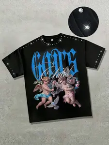 Father's Day gift for Dad, GOD angel print men's T-shirt, rhinestone collar summer men's cotton short sleeve, fashionable trendy brand unisex American vintage style shirt T-shirt