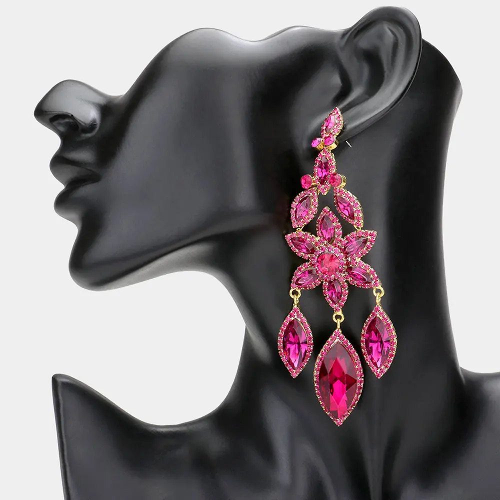 Fuchsia Flower Triple Marquise Stone Chandelier Evening Earrings   | Statement Earrings | 608514