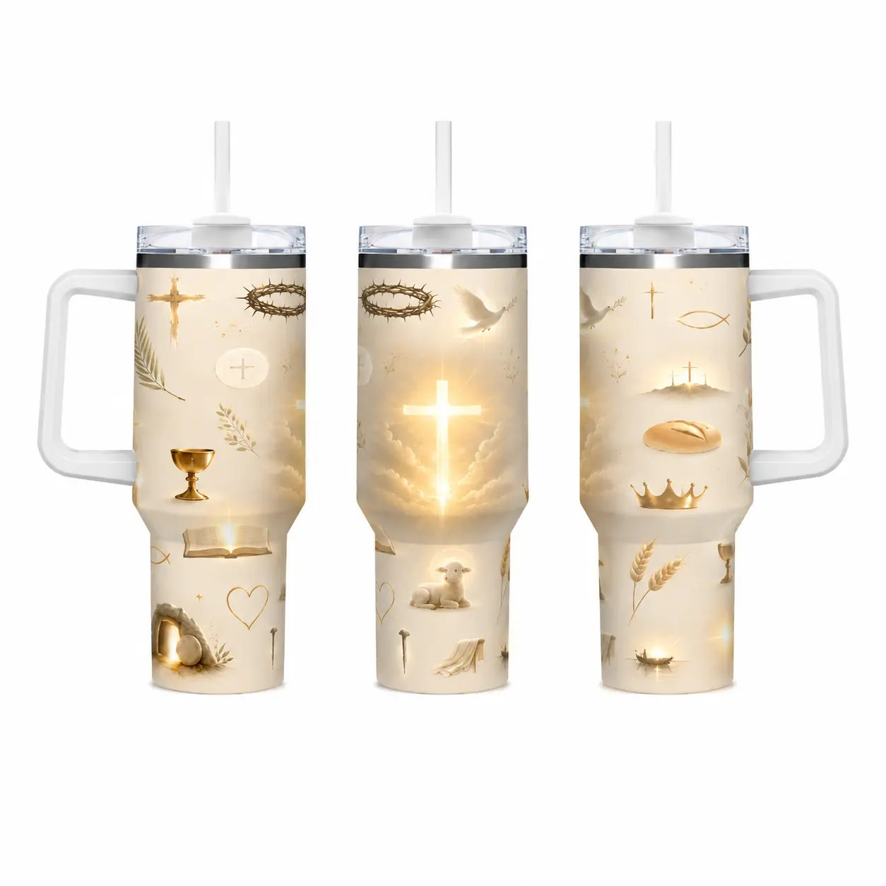 40oz Christian Faith Religious Symbol Print Insulated Tumbler With Handle, Cross Crown of Thorns Dove Lamb Bible Pattern Stainless Steel Travel Mug, Double Wall Hot Cold Retention Spill Proof Straw Lid Cup For Church Faith Inspirational Religious Gift