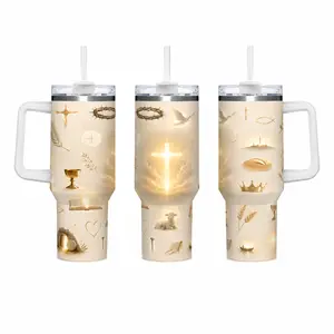 40oz Christian Faith Religious Symbol Print Insulated Tumbler With Handle, Cross Crown of Thorns Dove Lamb Bible Pattern Stainless Steel Travel Mug, Double Wall Hot Cold Retention Spill Proof Straw Lid Cup For Church Faith Inspirational Religious Gift