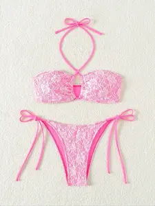 Women's Lace Floral Hollow Out Bikini Set, Adjustable Straps & Side Tie Triangle Pants, Sexy Holiday Swimwear for Beach Pool Party, Floral Bikini Bottom