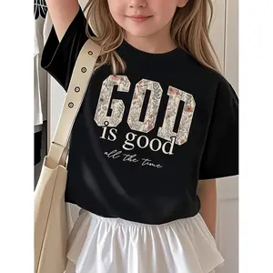 A New Stylish Short-Sleeve T-Shirt for Girls, Featuring a Floral Letter Print That Says "God Is Good at All Times, " Made of Comfortable Polyester, Perfect for Casual Summer Wear And Outdoor Activities