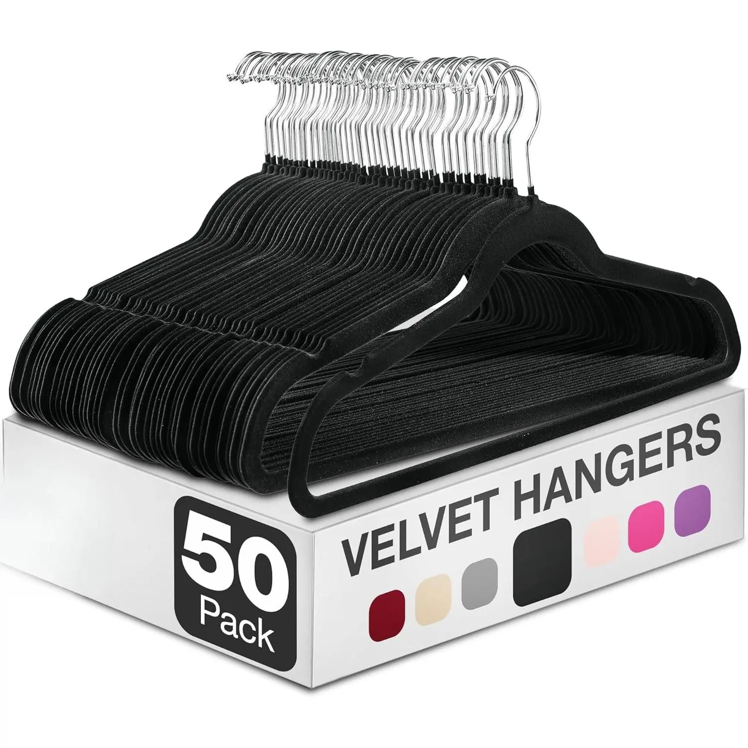 50-Pack Black Velvet Home Organizer Hangers - Non-Slip, 360-Degree Swivel Hook, 10 lbs Capacity for Coats, Pants, Dress Clothes, Strong Felt Design, 360-Degree Hangers & Pegs, Heavy Duty Hangers & Pegs