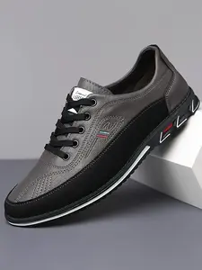 Men's Flat Business Casual Walking Shoes, PU Leather Stripes Design, Narrow Fit Less Than Ankle Height, Low Top Shoes, All Season Wear, Comfortable Daily Use, Sneaker