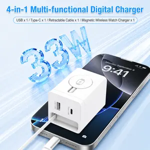 4-in-1 Multi-Function Fast Charger, 33W Fast Charging Adapter with Retractable Type-C Cable, USB & Type-C Dual Ports, Portable Travel Plug for Phones, Tablets, Laptops, Universal Compatibility