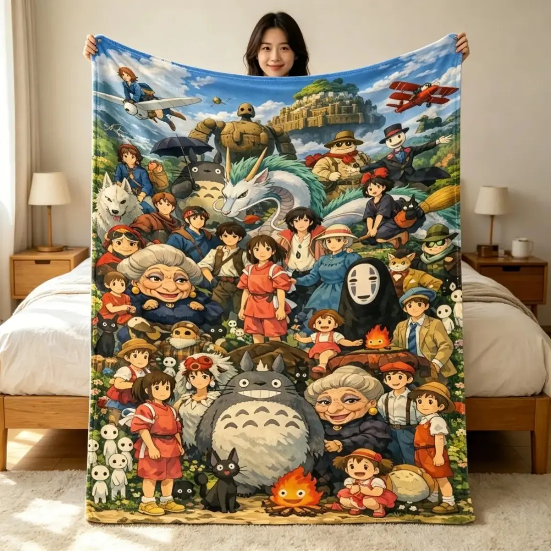 Studio Ghibli All Characters Collage Flannel Blanket Totoro & Friends Anime Throw For Adults Anime Bedroom Aesthetic Cozy Otaku Room Decor Movie Fan Home Merchandise Gift