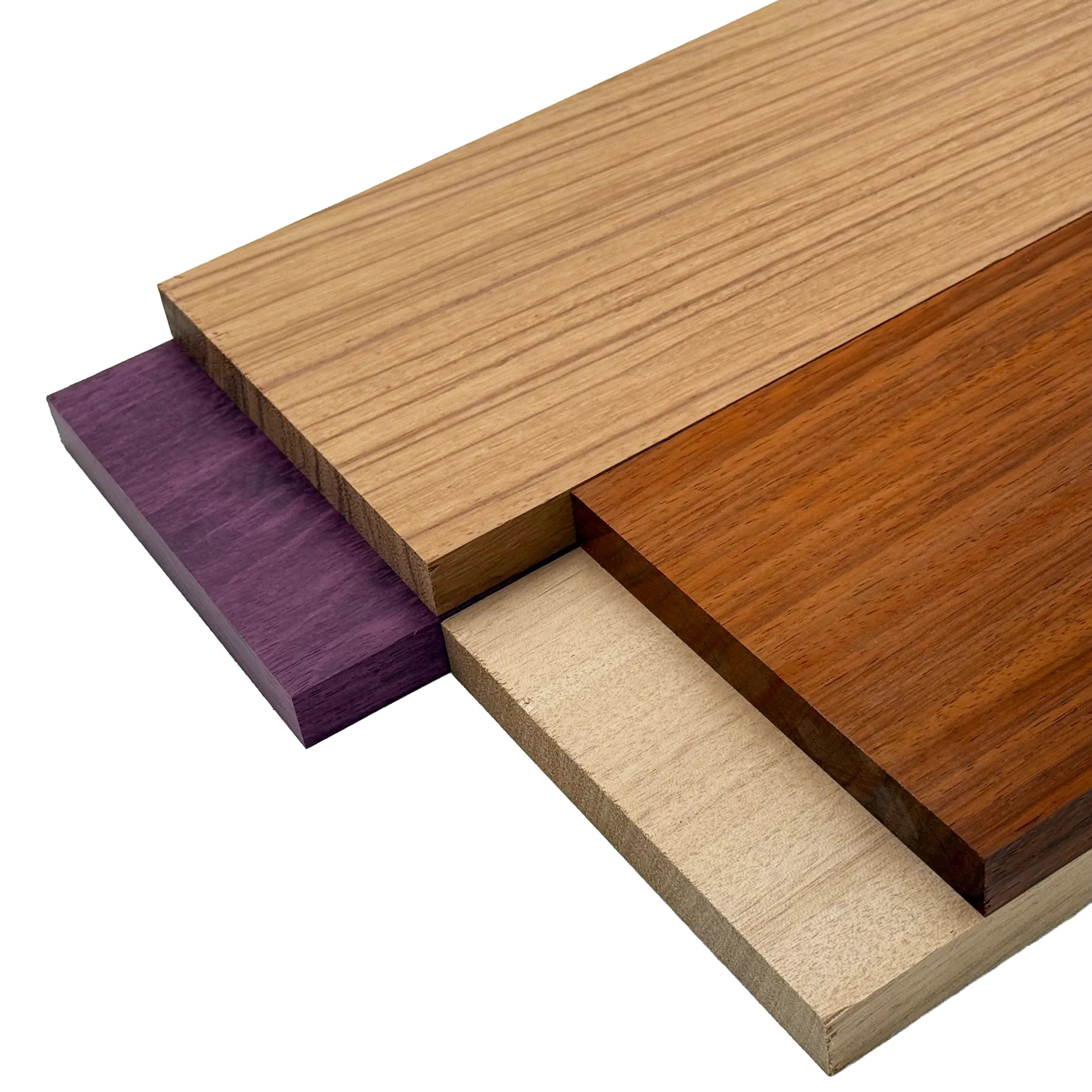 Imported Exotic Hardwood Variety Pack - Red Zebrawood, Purpleheart, Padauk, Okoume - 3/4" x 6" (4 Pcs)