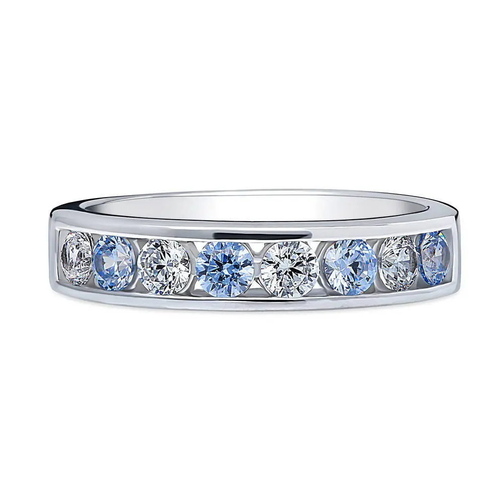BERRICLE Sterling Silver Stackable Half Eternity Band Ring for Women, Greyish Blue Channel Set Round Cut Cubic Zirconia CZ