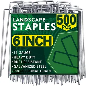 500 Pack Landscape Staples 6 Inch 11 Gauge Garden Stakes Galvanized Garden Staples Pins Anti-Rust Ground Stakes for Weed Barrier, Irrigation Tubing, Yard Lawn and Landscape Fabric