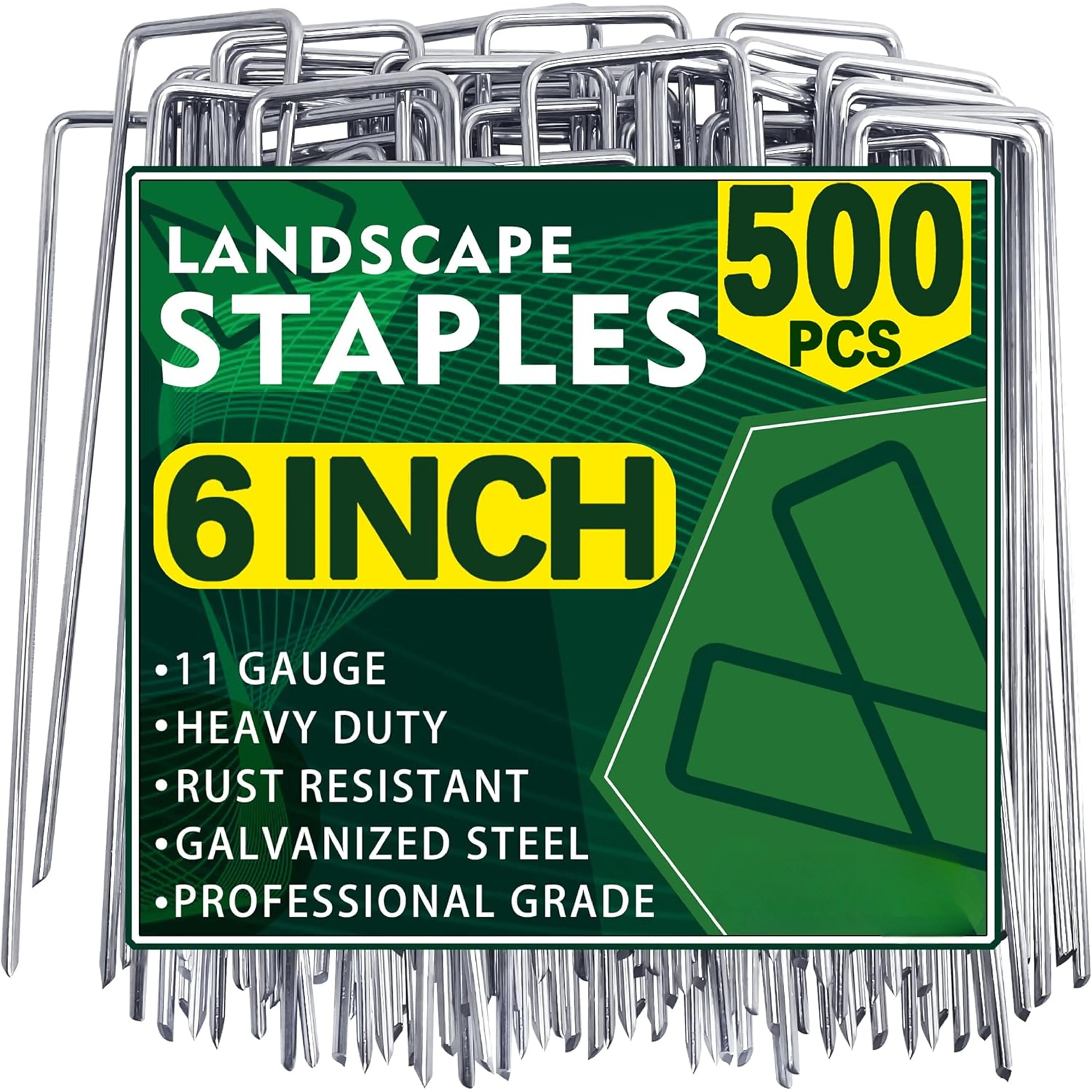 500 Pack Landscape Staples 6 Inch 11 Gauge Garden Stakes Galvanized Garden Staples Pins Anti-Rust Ground Stakes for Weed Barrier, Irrigation Tubing, Yard Lawn and Landscape Fabric