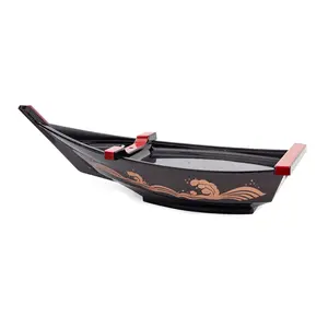 Asian Home Traditional 19-in Lacquered Boat-Shape Sashimi Sushi Plate with Detachable Ice Bin, Large Serving Tray, Commercial Kitchenware for Home & Restaurant Dining Displays