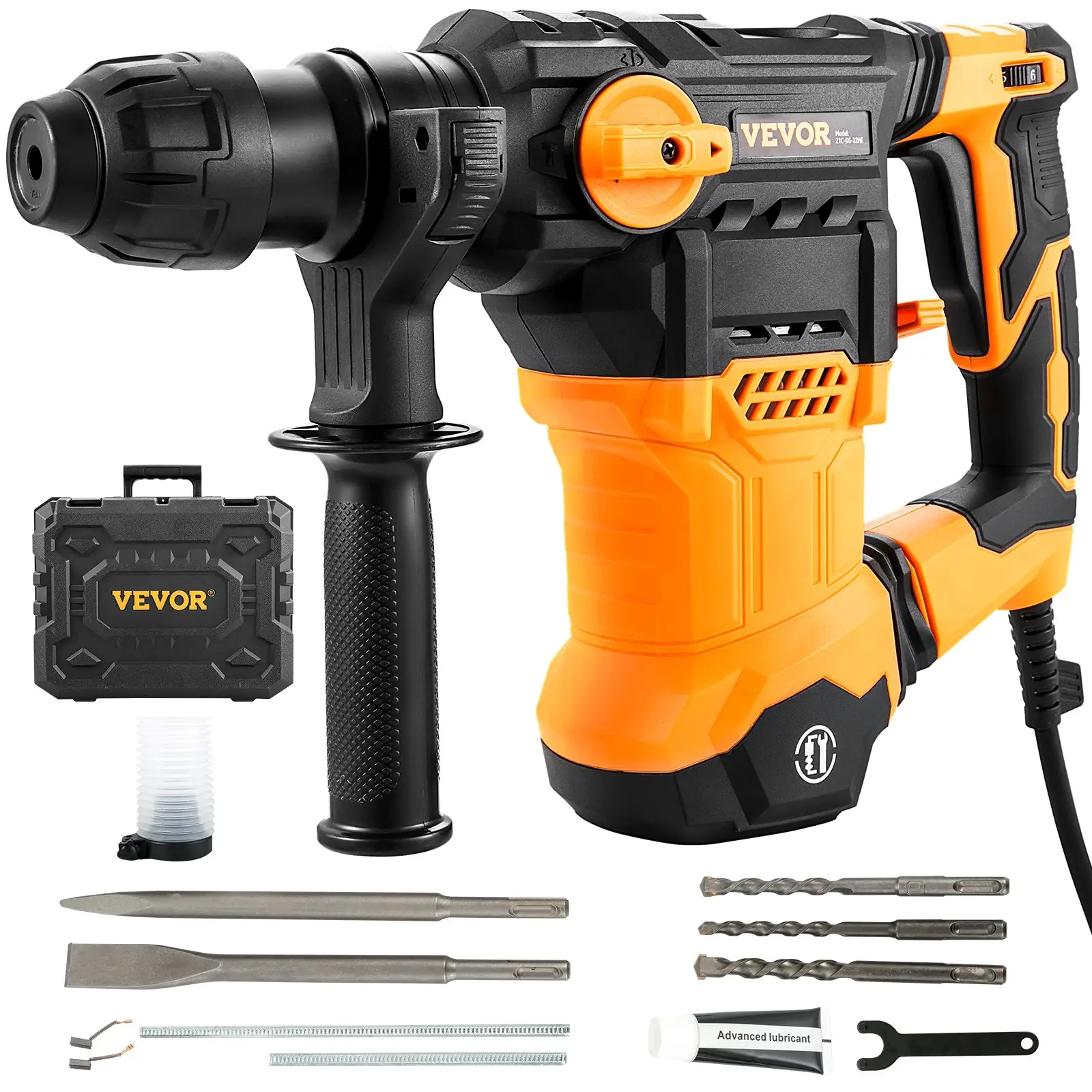 VEVOR 1-1/4 Inch SDS-Plus Rotary Hammer Drill, 13 Amp Corded Drills, Heavy Duty Chipping Hammers with Vibration Control & Safety Clutch, Electric Demolition Hammers Variable Speed, Power Tool For Conc, Handle, Concrete Drill Bit