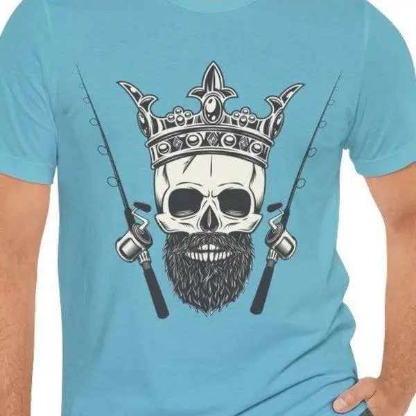 Men's T-shirt King Skull With Beard in Crown and Fishing Rods, T-shirt Gift for Man, Print Shirt in Vintage Style, Mens Shirts, Fishing Shirt, Fishing Gift, Salmon Shirts, Fishing T Shirt, Fisherman Shirt, Graphic Tees for Men, Camping Shirt, Gift For Man