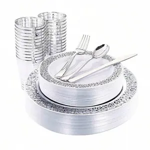150PCS Silver Plastic Plates, Disposable Silverware & Plastic Silver Cups, Silver Rim Plastic Tableware Include 25 Dinner Plates, 25 Dessert Plates, 25 Tumblers, 25 Forks, 25 Knives, 25 Spoons