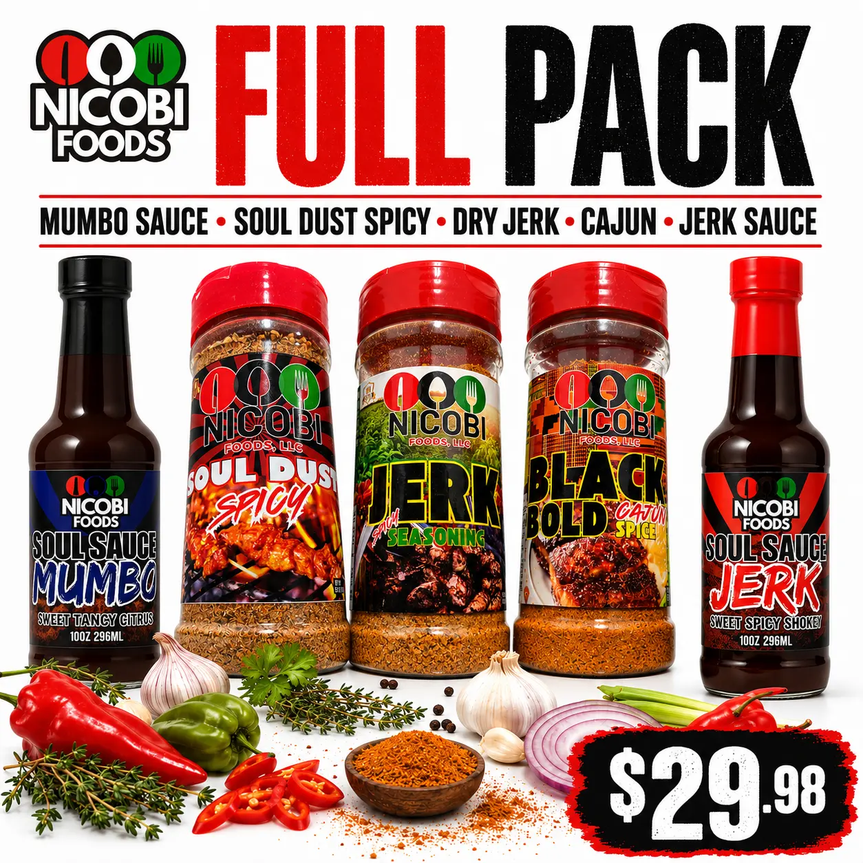 Nicobi Foods Full Pack — Mumbo, Jerk Sauce & 3 Spices
