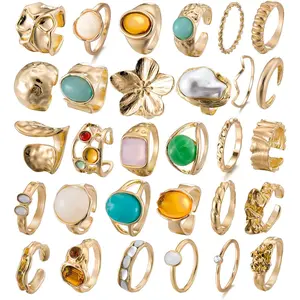 30-36 Pcs Vintage Crystal Turquoise Ring Set Gold Knuckle Rings for Women Bohemian Stackable Joint Rings Retro Boho Stacking Joint Finger Rings Pack