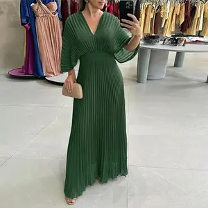 VVZ 2026 Women's Green Dress Elegant Pleated Maxi Dress V Neck Flutter Sleeve Cocktail Party Evening Gown Flowy Wedding Guest Prom Dress Womenswear