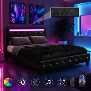 Queen Size Upholstered Platform Bed with LED Lights & Charging Ports, Crystal Button Tufted Adjustable Headboard, Faux Leather, Solid Wood Slats