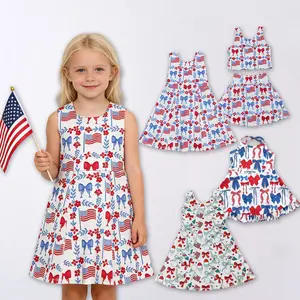 Toddler Girls 4th of July Athletic Sleeveless Dress - American Flag Bow Floral Print Kids Summer Outfit