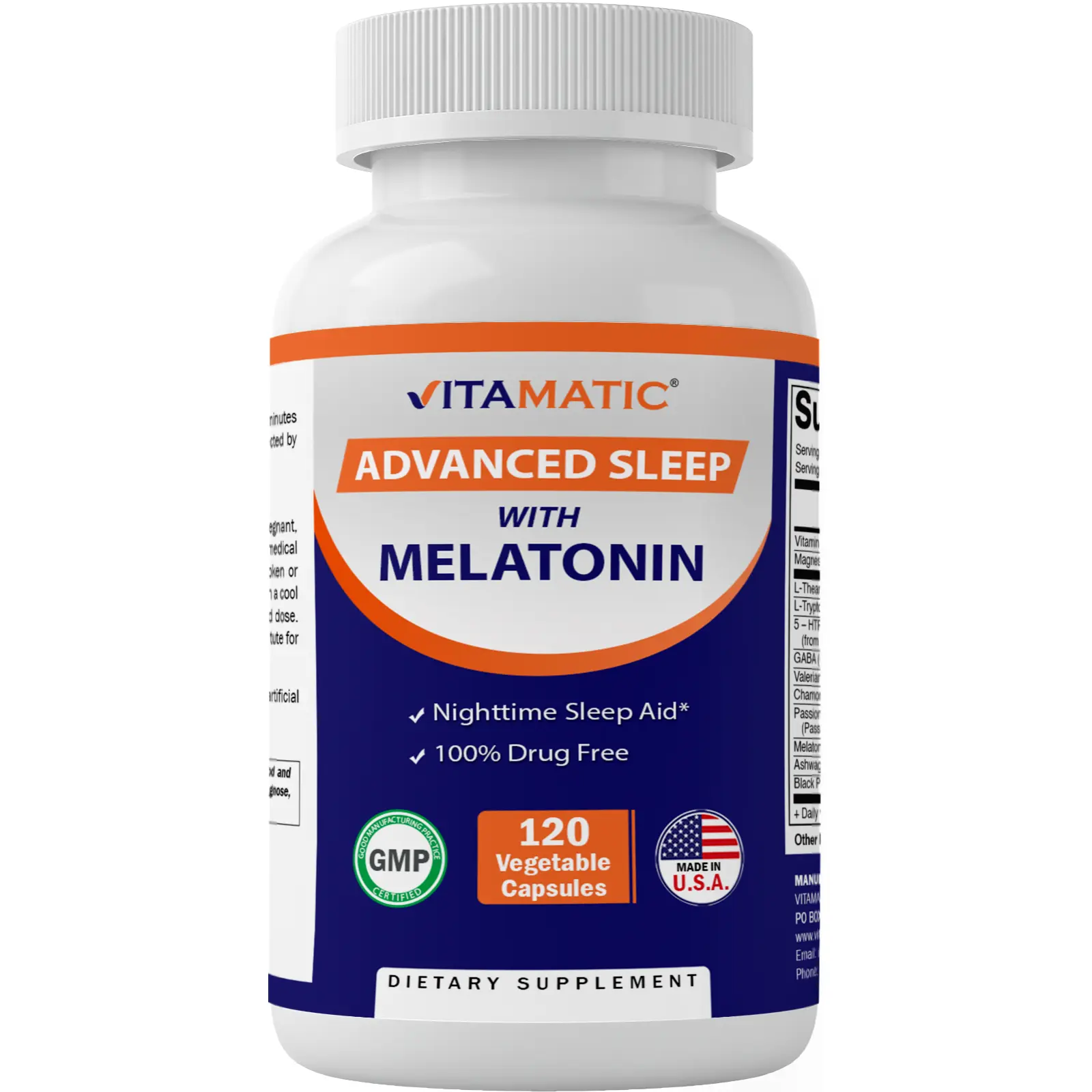 Vitamatic Advanced Sleep Aid Natural Supplement - 120 Gluten-Free Vegetable Capsules with Melatonin, B6, Magnesium, L-Theanine, L-Tryptophan, 5-HTP, GABA, Valerian, Chamomile, Passion Flower, Ashwagandha, Black Pepper for Healthy Sleep, Sugar Free, Supple