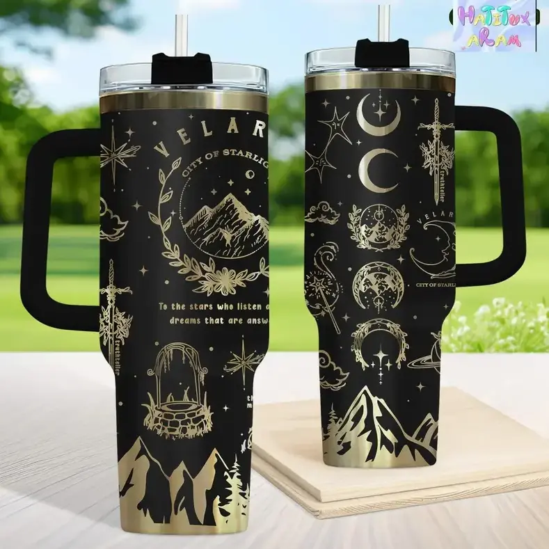 [Gift Box & Straw Included] Velaris City of Starlight Print Stainless Steel Vacuum Insulated Tumbler - 20oz Skinny, 40oz Handle, Double Wall, Long-Lasting Hot & Cold Drinkware, Fantasy Book Inspired Gifting for Book Lovers